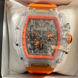 Activa Watch w/ Skeleton Dial 44.3mm, Orange strap/clear face (ACW2305-003)